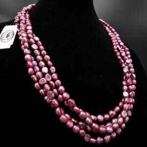 Long Multi-Strand Pink Freshwater Pearls Necklace In Lustrous Purple